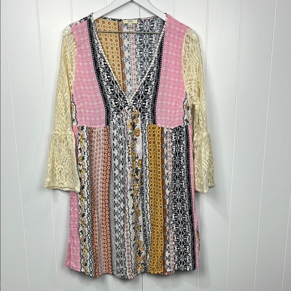 Kori America Womens Tunic L Pink Black Gold Boho Fit & Flare Lace Bell Sleeves - Picture 1 of 13